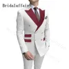 Bridalaffair Classic Burgundy Paisley Lapel Pockets Men Suits White Wedding Groom Suits Double Breasted Costume Homme 2 Piece X0909