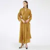 DEAT Summer Fashion Women's Pleated Coat Solid Full Sleeve V-neck Loose Elegant Long Length Sashes Slim Ruffles TX803 210812