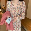 Şifon Zarif Elbise Kadınlar Uzun Kollu Çiçek Baskı Elbise Dantel-up Tatlı Plaj Elbise Kore Tarzı Ofis Bayan Yaz V Yaka 210521