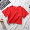 Été à manches courtes t-shirts femmes coton solide-chemise col rond taille haute culture op ee femme décontracté chemise ample 210607