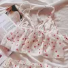 Women Pajamas Set Sexy Lingerie Lace Cut Night Ladies Sleeveless Sleepwear wear Strawberry Print for 210830