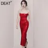 泥炭の女性の赤いスリングの折りたたみ高い腰のAラインのオフィスの女性のドレス新しいストラップレススリムスリムフィットファッション潮夏7E0451 210428