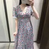 Mulheres Vestidos Roxo Floral Impressão Midi Mulher Verão Manga Curta Plissada Cintura Elástica Retro Retro 210430