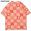 T-shirt pour hommes dessin à la main à carreaux à carreaux d'été à manches courtes imprimé coton surdimensionné décontracté harajuku streetwear top t-shirts 210601