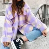 Women Spring Fashion Warm Cotton Long Za Jacket Female Casual purple Plaid Long Outwear Chic Lady Single Breasted Sh 210712