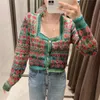 Vingate Green Jacquard Cropped Stickad Cardigan Tröja Kvinnor Höst Fashion Square Neck Långärmad Ladies Cardigans Topp 210519