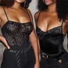 Sexy Black Lace Malha Bodysuits Sem Mangas Perspectivas de Sling Sem Encostos Perspectiva de Ombro Corpo Womens Body 210607