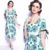 Women Designer Elegant Blue Rose Belt V Neck Puff Sleeve Sexy Cocktail Party Robe Female Vintage Print Chiffon Dress Vestidos 210525