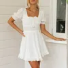 Foridol White Polka Dot Summer Beach Dress女性Puff Sleeve Vintage Ruffle A-Backless Short Dress Vestidos 210415