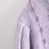 Za hiver fil métallique tricot pull femmes à manches longues col haut Vintage violet chandails femme Streetwear mince pull 210602