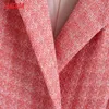 Tangada Mulheres Moda Escritório Desgaste Rosa Tweed Dupla Breasted Blazer Casaco Vintage Longo Manga Bolsos Feminino Outerwear Be911 210609
