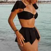 Sexy Czarny Swimsuit Kobiety Z Spódnicą Wysoką Talia Bikini 2021 Wzburzyć Swimsuit Swimsuit Swimwear Off Ramię Bikini Zestaw Kostium kąpielowy X0522