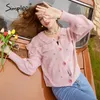 vintage woolen loose short Women long sleeve shoulder ruffled cardigan Basic roseate autumn sweaters 210414