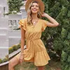 Sexiga Kvinnor Sommar Mini Dress V Neck Lace Up Yellow Polka Dot Kortärmad Tunika Beach Party Sundress Kvinna 210421