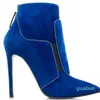 جديد الأزياء والأحذية الأزرق nubuck الجلود وأشار أصابع الخنجر كعب أحذية عالية الكعب الشتاء أحذية النساء أحذية الكاحل بوتاس 3331