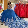 2022 بلينغ الأزرق الداكن الترتر تول فساتين quinceanera قطار طويل العاج الأزهار زين مطرز كريستال الخامس الرقبة الدانتيل متابعة الحلو 15 16 الفتيات حفلة موسيقية اللباس