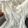 Neploe Beach Style Elegant V-neck White Women Dresses Chic Ruffles Backless Big Swing Dress Summer Long Vestidos 210510