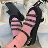 SUOJIALUN 2021 New Brand Women Sandal Fashion Chain Low Heel Gladiator Shoes Buckle Back Strap Casual Slides Shoes zapatos mujer K78