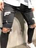 Heren jeans mode knie mannen slanke gescheurde hoge stretch skinny noodlijdende vernietigde blauwe denim joggers hip-hop fietser