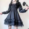 Japoński Lolita Style Kobiety Księżniczka Czarny Mini Dress Slash Neck High Waist Gothic Puff Sleeve Lace Ruffles Party ES 210520