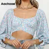 Chic Floral Print Cropped Blouse Women Ruffles Long Sleeve Back Bow Tie Shirt Ladies Sexy Off Shoulder Crop Tops Blusas 210413