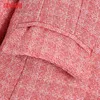 Tangada vrouwen mode kantoor slijtage roze tweed dubbele breasted blazer jas vintage lange mouwen zakken vrouwelijke bovenkleding be911 210609