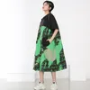 [EAM] Women Green Print Pocket Spliced Big Size Dress Lapel Half Sleeve Loose Fit Fashion Spring Summer 1DD7305 210512