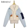 TWOTYLE Patchowrk Giacca di jeans in lana d'agnello per le donne Risvolto manica lunga Nappa Cappotto casual Donna Moda invernale 210722