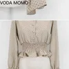 Vintage V-Ausschnitt Flare Langarm Polka Dot Frauen Bluse Shirts Elegante schlanke Taille Rüschen weibliche Bluse Blusas Plus Größe 210410