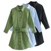 Blanc bleu vert noir décontracté longue chemise robe été mode goutte épaule bouton avant femmes Mini avec ceintures 210604