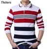 TFETTERS Sonbahar Rahat Erkekler T-Shirt Beyaz ve Kırmızı Şerit Desen Spor Uzun Kollu Turn-down Yaka Pamuk Üstleri Şerit Giysileri 210409
