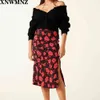 Vintage Split Women Skirts Midi Casual Red Floral Print France Black 210520