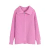 Printemps femme veste à glissière tricoté manteau Cardigans chandails femme rose hauts col rabattu 210421