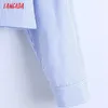 Tangada Women Blue Striped Oversized Crop Shirts Long Sleeve Pocket Ladies High Street Blouses Top CE239 210609
