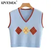 Women Sweet Fashion Argyle Patchwork Cropped Knitted Vest Sweater Sleeveless Female Waistcoat Chic Tops 210420