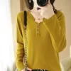 Best selling 100% cotton women's spring and autumn long-sleeved loose short solid color knitted V-neck pullover bottoming shirt X0721