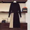 Autumn Winter Women Fashion Stitching Stripe Pleated Sweater Dress Elegant Long Sleeve OL Midi Knitted Runway Vestidos Robe 210514