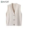 Qoerlin Preppy gebreide Vest met één borstveer Spring herfst mouwloze trui Vest vrouwen gebreide crop tops casual vest outswear 210412