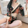 WECI Damen Kimono Nachtwäsche Seidenpyjama Cosplay Weibliches japanisches Kostüm Schwarz Rot Sexy Dessous Exotisches Nachtkleid Unterwäsche 210924