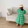 Kızlar Elbiseler Moda Kore Yeşil Ekose Kısa Kollu Uzun Etek Toddler Kostüm Küçük Kız Giysileri Bebek Çocuk Elbise G1215