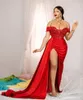 2022 African Sexy Red Evening Dresses Off Shoulder Side High Slit Aso Ebi Long Sheath Prom Dress Sequins Satin Special occasion Gowns Full Length Robe De Soriee