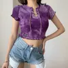 Tie Dye Łańcuch Koszulka Kobiety Lato Moda Drewna Uszy List Top Slim Krótki Rękaw Szare Purpurowa Blue Shirt Kobieta LR1185 210531