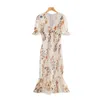 Dames chique mode bloemen print gegolfde schede midi jurk vintage korte mouw rug zipper vrouwelijke jurken vestidos