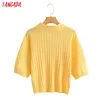 Women Fashion Solid Yellow Knitted Sweater Vintage Short Sleeve Female Pullovers Chic Tops AI61 210416