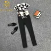 Verão Mulheres Roupas Letra Pintada Camisa Curta Camisa Blusa + Elegant Slim Ankle Comprimento Calças Suits 2 Peça Set Roupas 210506