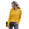 Automne Hiver T-shirt Femmes Casual Lâche Solide Col V Manches Longues Poches Décor Tricoté Tshirt Mode Dames Pull Tops 210522