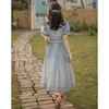 Puff Sleeve Lace Dress Woman Slash Neck Apricot Blue Elegant Party for Round Summer Casual Vestido 210603