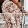 Sonbahar Boho Basamaklı Fırfır Çiçek Baskı Elbise Kadın Rahat Uzun Kollu Bir Çizgi Elbise Sashes Kadın Zarif Mini Parti Vestidos X0521