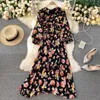 French Chiffon Floral Dress Women Bow Neck Puff Sleeve Ruffles A-line Dresses Autumn Bohemain Print Holiday Long Dress 210419