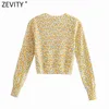 Women Sweet Floral Print Breasted Slim Knitting Sweater Female Basic O Neck Long Sleeve Chic Cardigans Short Tops SW709 210416